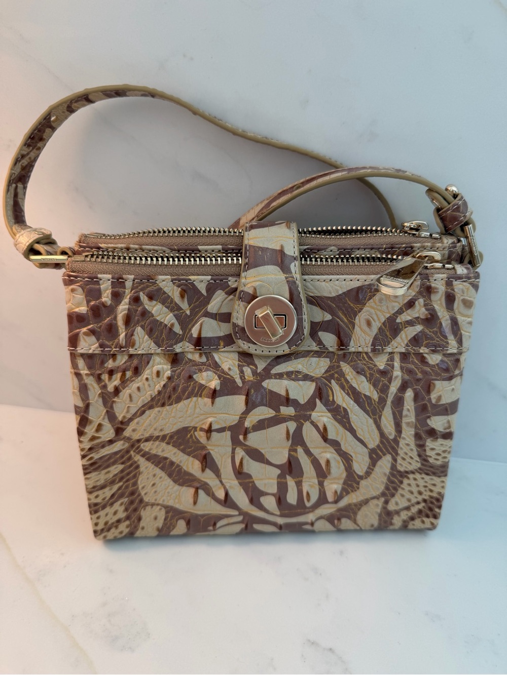 Brahmin Neutral Marbled, Croc-Embossed Leather Small Crossbody / Wristlet